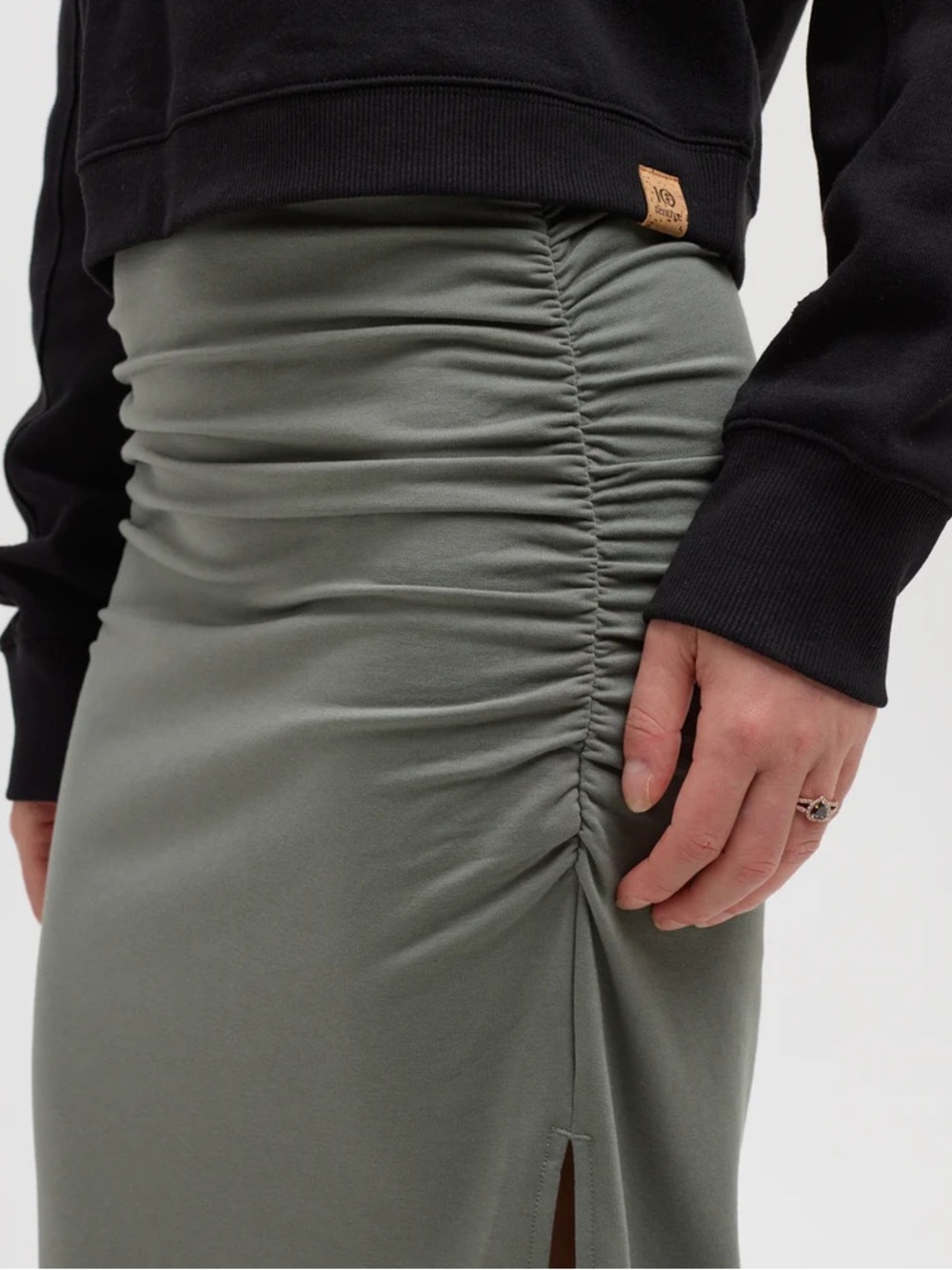 Ruched Side Midi Skirt in Olive Green
